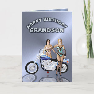 For Grandson, birthday with girls and a motorcycle Card
