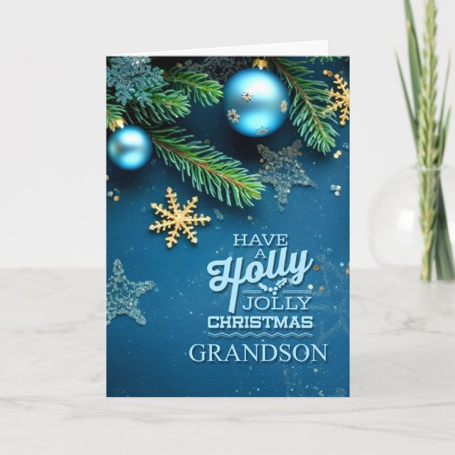 for Grandson Blue Holly Jolly Christmas Ornament Holiday Card (Front)