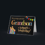 For Grandson Chic Candles, Bunting Birthday Card<br><div class="desc">A bright and colourful Birthday card for a Grandson of any age,  with Birthday Cake Candles,  Bunting and Stars and the word,  'Grandson' in patterned lettering,  outlined in gold-effect (not metallic ink) and Happy Birthday,  also in gold-effect,  all on a black background. A digital design by Judy Adamson.</div>