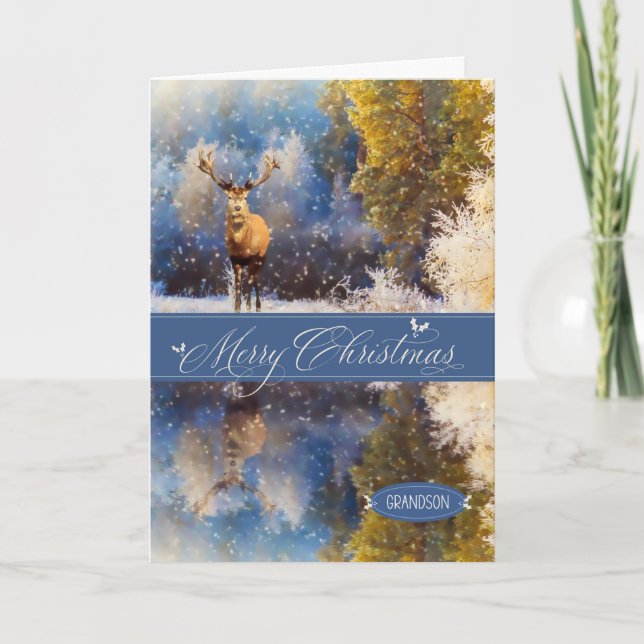 for Grandson Christmas Winter Woodland Deer Holiday Card (Front)