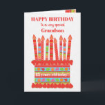 For Grandson Custom Age Birthday Cake Card<br><div class="desc">You can add the age to this brightly coloured birthday card for your grandson, with a strawberry birthday cake. The cake has lots of candles with different patterns and there is a patterned band around the cake with colourful summer fruits - strawberries, raspberries, limes and orange slices. Above the cake,...</div>