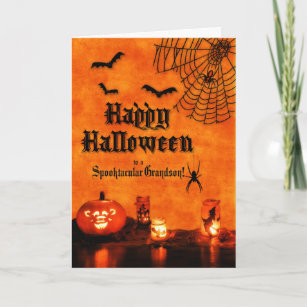 for Grandson Halloween Orange Bats and Spiders Card