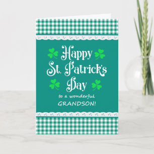 For Grandson St Patrick's Shamrocks Green Checks Card