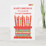 For Great Grandson Custom Age Birthday Cake Card<br><div class="desc">You can add the age to this brightly coloured birthday card for your great grandson, with a strawberry birthday cake. The cake has lots of candles with different patterns and there is a patterned band around the cake with colourful summer fruits - strawberries, raspberries, limes and orange slices. Above the...</div>