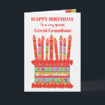For Great Grandson Custom Age Birthday Cake Card<br><div class="desc">You can add the age to this brightly coloured birthday card for your great grandson, with a strawberry birthday cake. The cake has lots of candles with different patterns and there is a patterned band around the cake with colourful summer fruits - strawberries, raspberries, limes and orange slices. Above the...</div>
