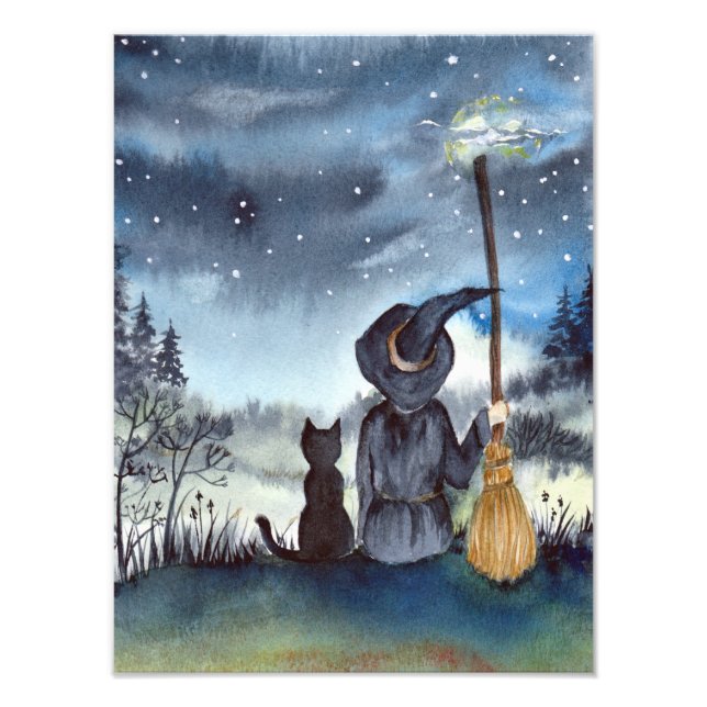 For Halloween Black Cat and The Witch Starry Night Photo Print (Front)