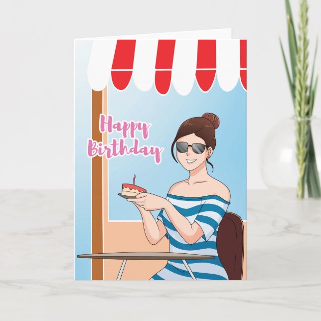 For Her Anime Café Birthday Cake Card (Front)
