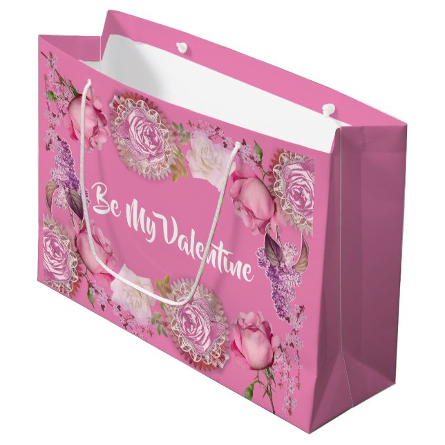 For Her Be My Valentine Romantic Pink Rose Lilac  Large Gift Bag (Front Angled)