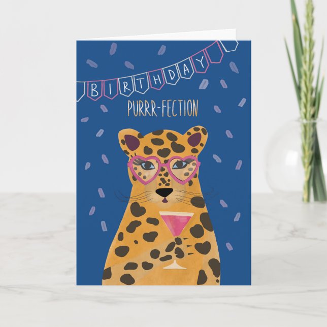 For Her Cheetah Cocktail Purrfection Birthday Card (Front)