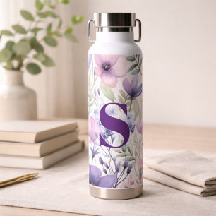 For Her Elegant Purple Floral Monogram Water Bottle