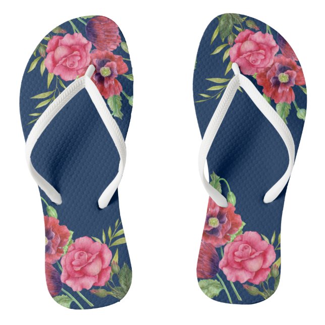 For Her Modern Red Pink Flowers on Dark Navy  Flip Flops (Footbed)
