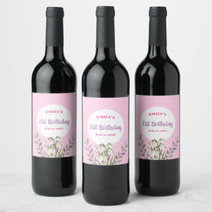 For Her on Birthday White Snowdrops Pink Polka Dot Wine Label