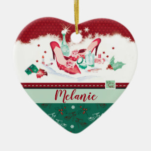 For Her, Red Shoes & Perfume Christmas Heart shape Ceramic Tree Decoration