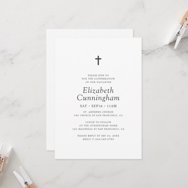 For Her Simple Black Cross Minimalist Confirmation Invitation (Front/Back In Situ)