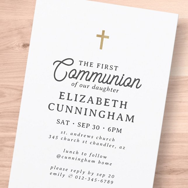 For Her Simple Modern Elegant Gold Cross Communion Invitation (Creator Uploaded)
