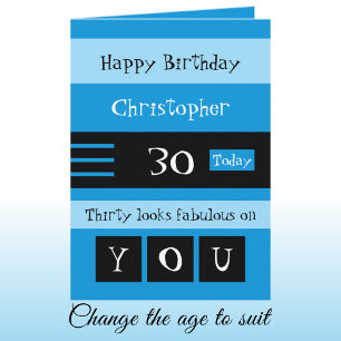 For him blue and black 30th birthday card
