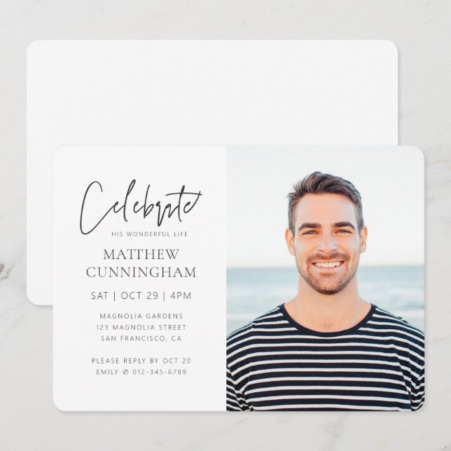 For Him Celebration of Life Modern Simple Photo Invitation (Front/Back)