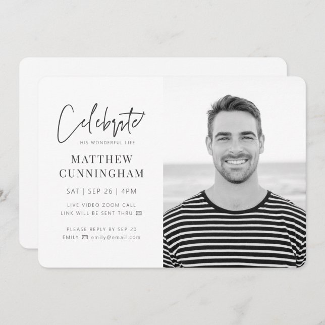 For Him Virtual Celebration of Life Modern Photo Invitation (Front/Back)