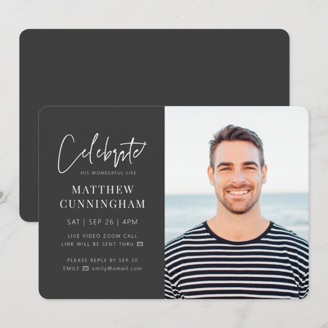 For Him Virtual Celebration of Life Modern Photo Invitation (Front/Back)