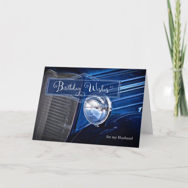 for Husband Classic Car in Denim Blue Birthday Card (Front)