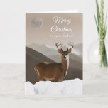 For Husband Merry Christmas with Deer and Snow Card<br><div class="desc">Merry Christmas, paper greeting card for a husband. Christmas winter holiday card has a male deer on the cover with a mountain range and moon behind him. Deep snow is in the foreground. Customise the cover and the message inside as you like. Digital art painting illustration. Art, image, and verse...</div>