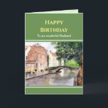 For Husband on Birthday Bruges Belgium Watercolor Card<br><div class="desc">Designed based on watercolor painting of a scene from Bruges, with a view of houses and a traditional bridge over the river shaded by a tree by the river side. Bruges is the capital of West Flanders in northwest Belgium, is distinguished by its canals, cobled streets and mediaeval architecture. Please...</div>