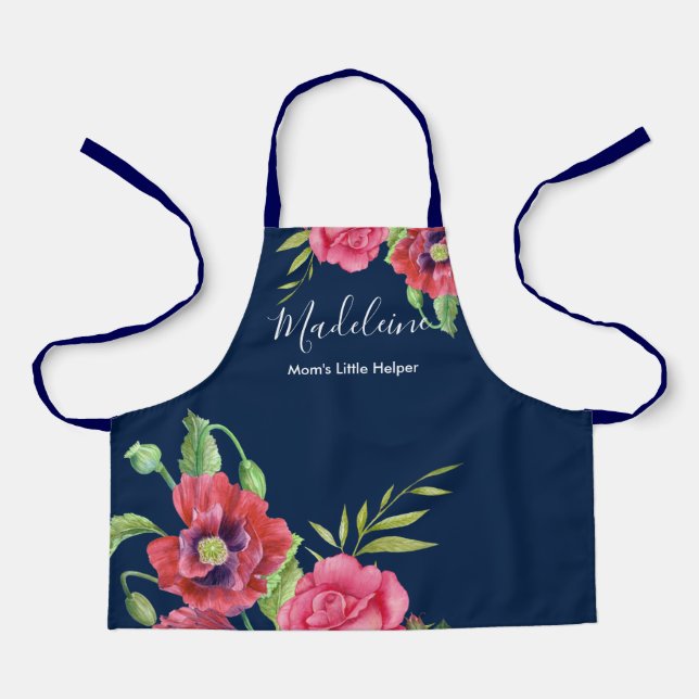 For Kid Modern Red Pink Flowers on Dark Navy Apron (Front)