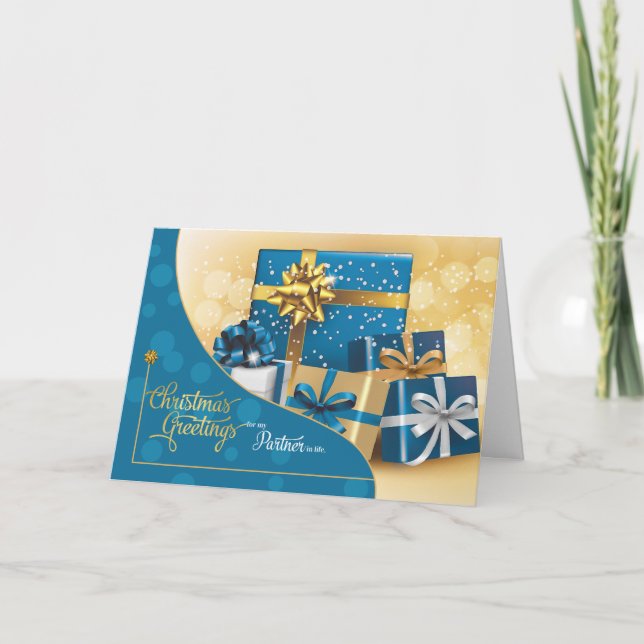 for Life Partner Blue and Gold Christmas Gifts Holiday Card (Front)
