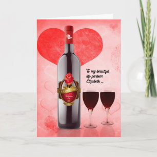 for Life Partner on Valentine's Day Wine & Hearts Holiday Card