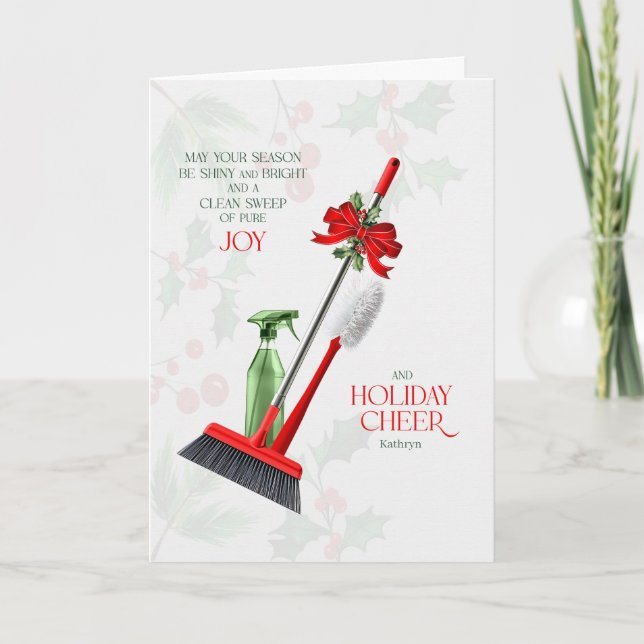 for Maid Clean Sweep of Pure Joy with Name Holiday Card (Front)