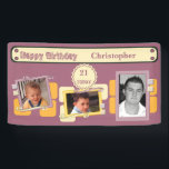 For men 21st add photos name burgundy party banner<br><div class="desc">For men - any age Party Banner - 21st.
Add a three photos,  name and age.
Sample age shown is 21.
Burgundy,  orange and cream.</div>