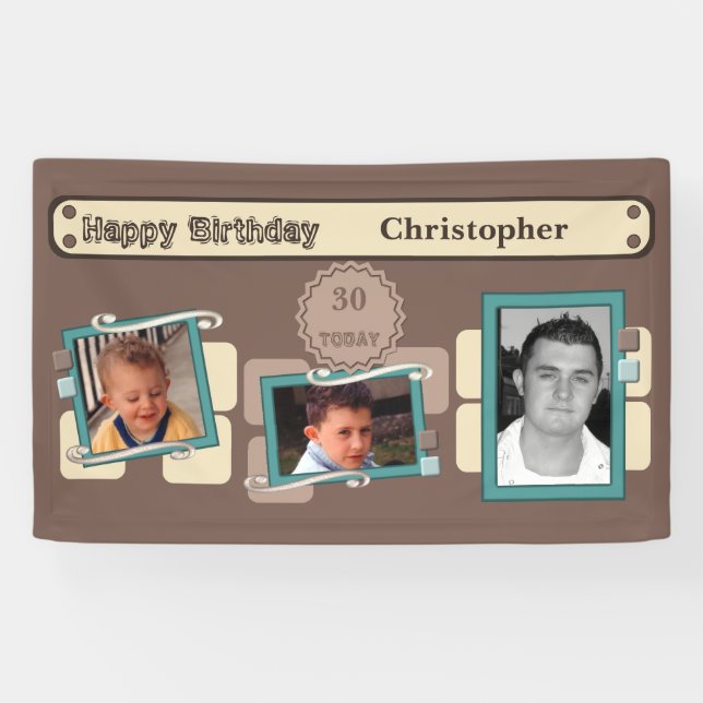 For men 30th add photos name brown party banner (Horizontal)