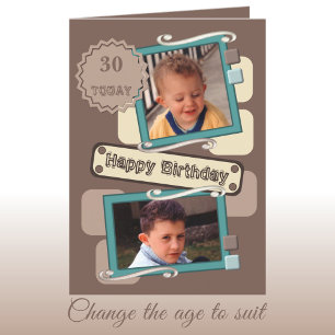 For men add photos brown turquoise 30th Birthday Card