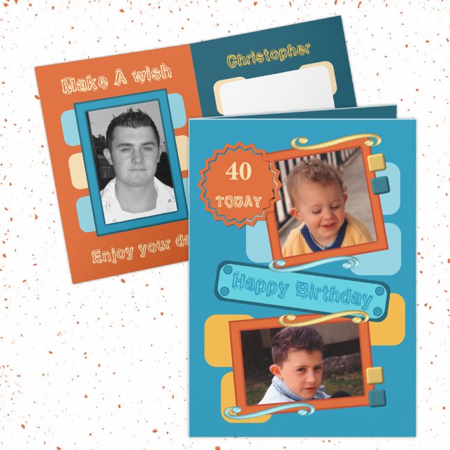 For men add photos orange blue 40th Birthday Card (Creator Uploaded)