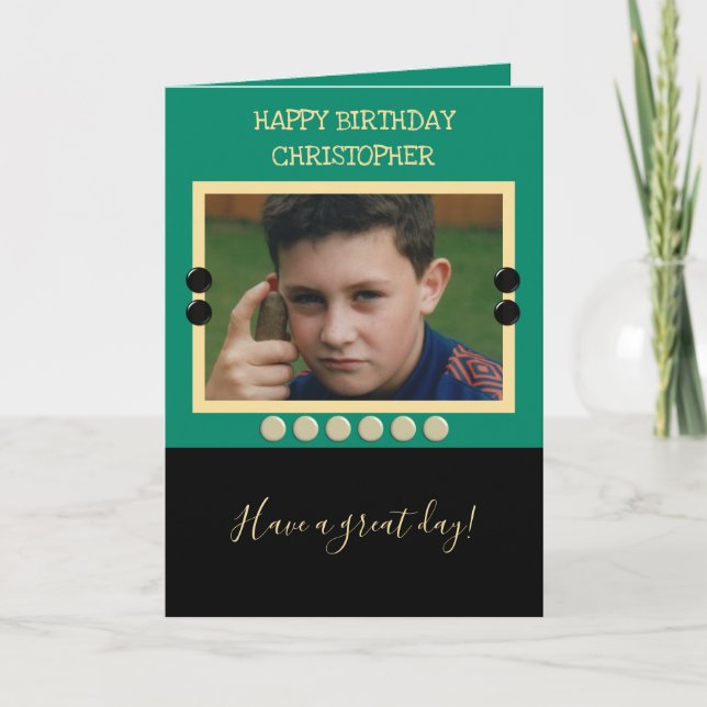 For men Birthday with name photo green and black Card (Front)