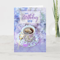 for Mum Cup of Tea and Purple Flowers Birthday