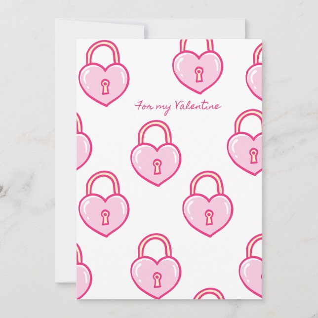 For My Valentine — Pink Heart Lock Pattern Holiday Card (Front)