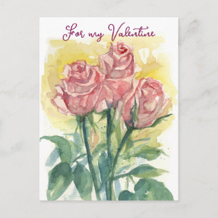 For My Valentine Wife Pink Roses Watercolor Flower Holiday Postcard