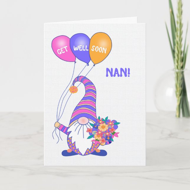 For Nan Get Well Gnome Balloons Flowers Card (Front)