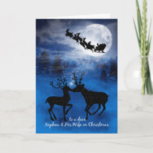 for Nephew and Wife Kissing Reindeer Christmas Holiday Card