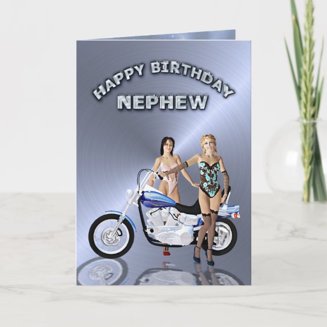 For nephew, birthday with girls and a motorcycle card (Front)