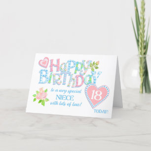 For Niece 18th Birthday Roses Hearts Word Art Card