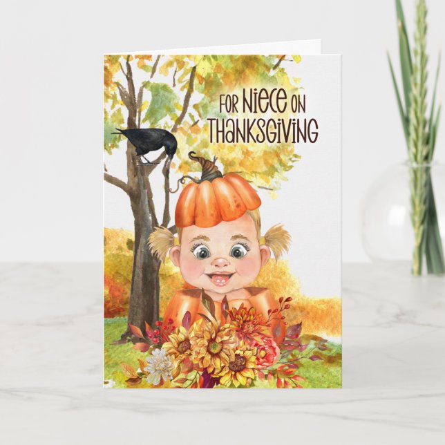 for Niece on Thanksgiving Baby Girl in a Pumpkin Holiday Card (Front)
