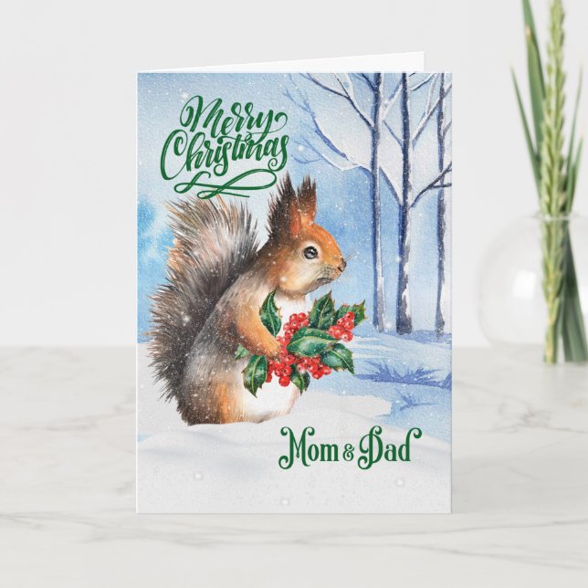 for Parents Christmas Squirrel Winter Woodland Holiday Card (Front)