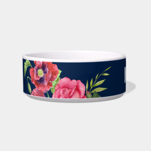 For Pet Red and Pink Flowers Dark Navy Blue Bowl