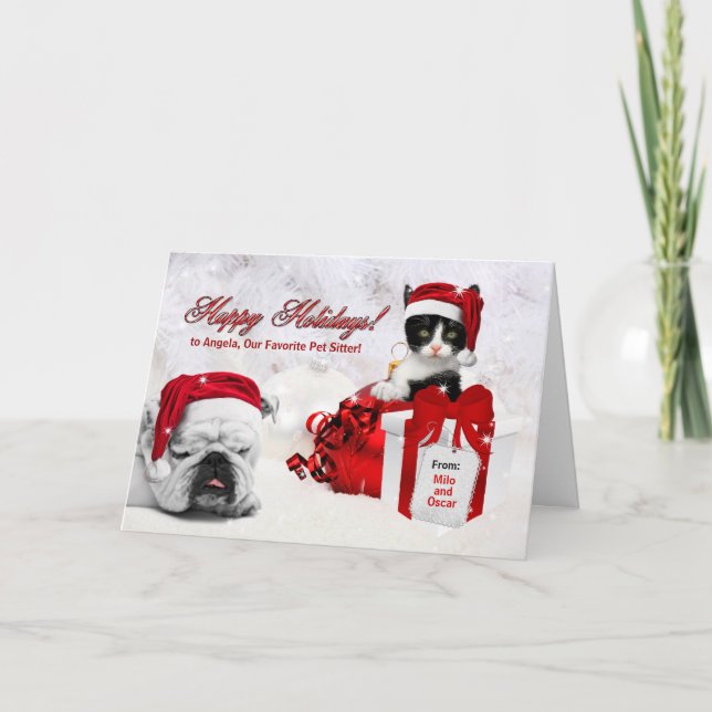 for Pet Sitter at Christmas Cat and Dog Holiday Card (Front)