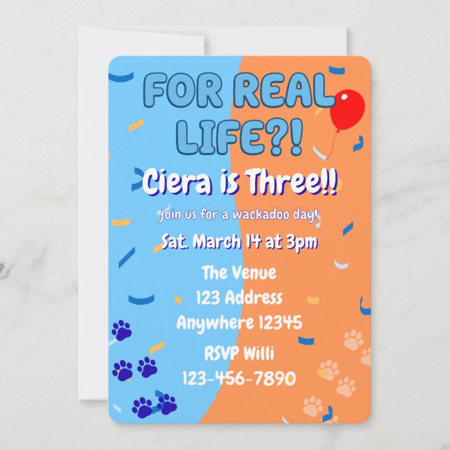 For Real Life Blue and Orange Puppy Paw Birthday Invitation (Front)