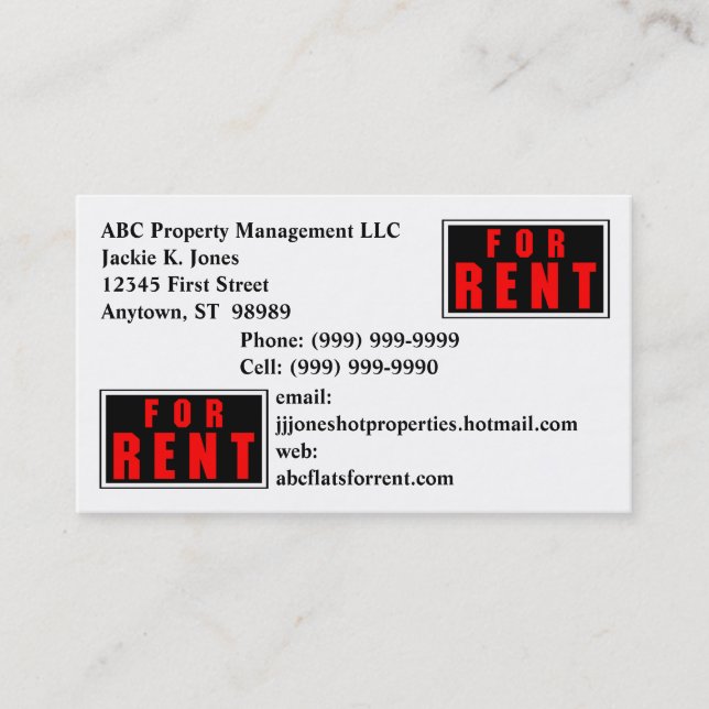 FOR RENT Sign Business Cards Card Rental Service (Front)
