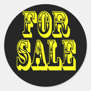 FOR SALE 2 YELLOW ON BLACK CLASSIC ROUND STICKER