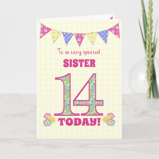 For Sister 14th Birthday Primroses Bunting Card